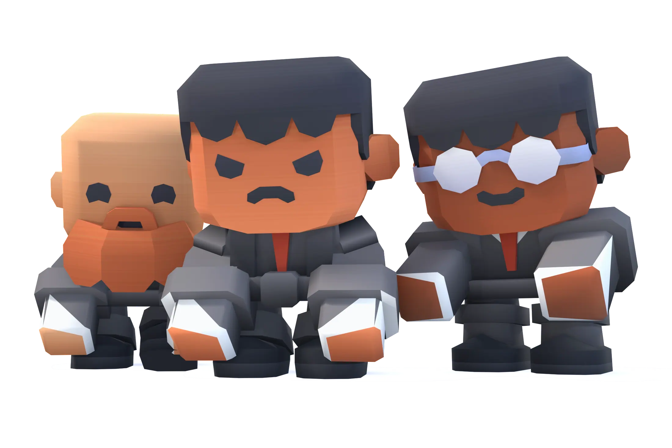 Three of the tycoons rendered on black, briefcases in hand.