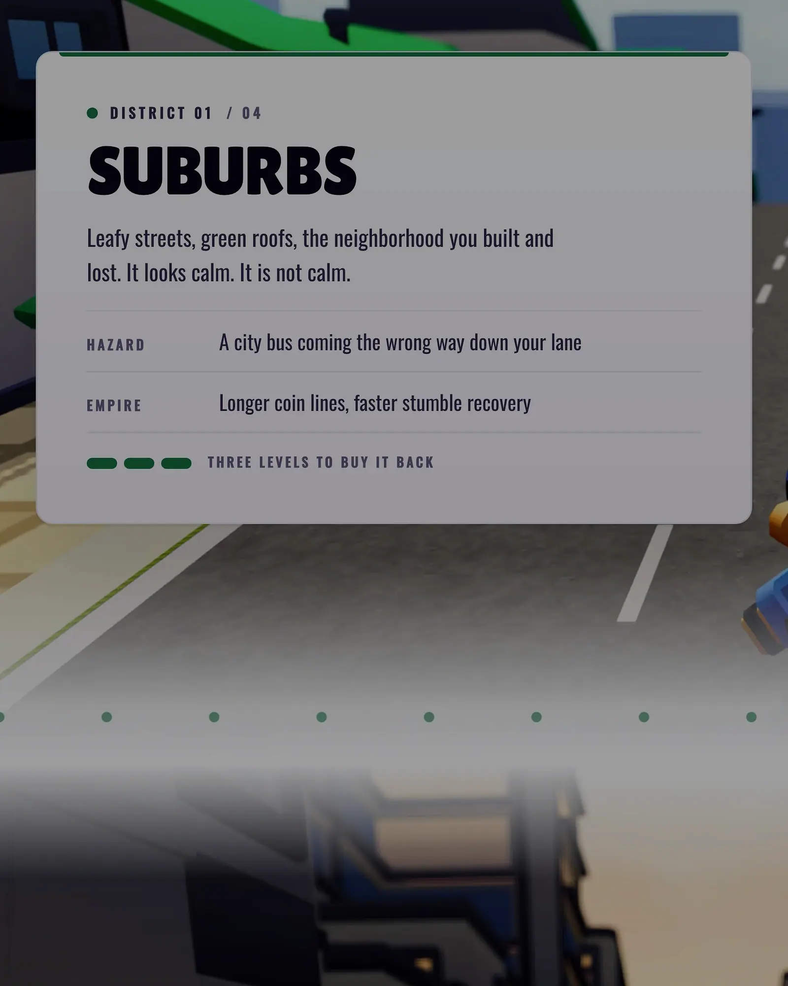 One district card on the site, naming the stretch, its hazard and what buying it back changes.