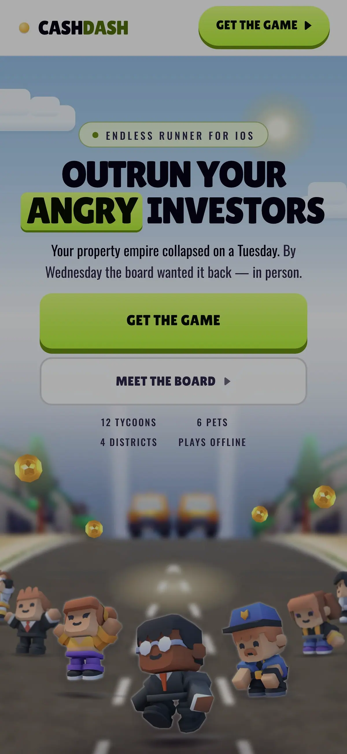 The Cash Dash site on a phone, headline, both buttons and the cast on the road.