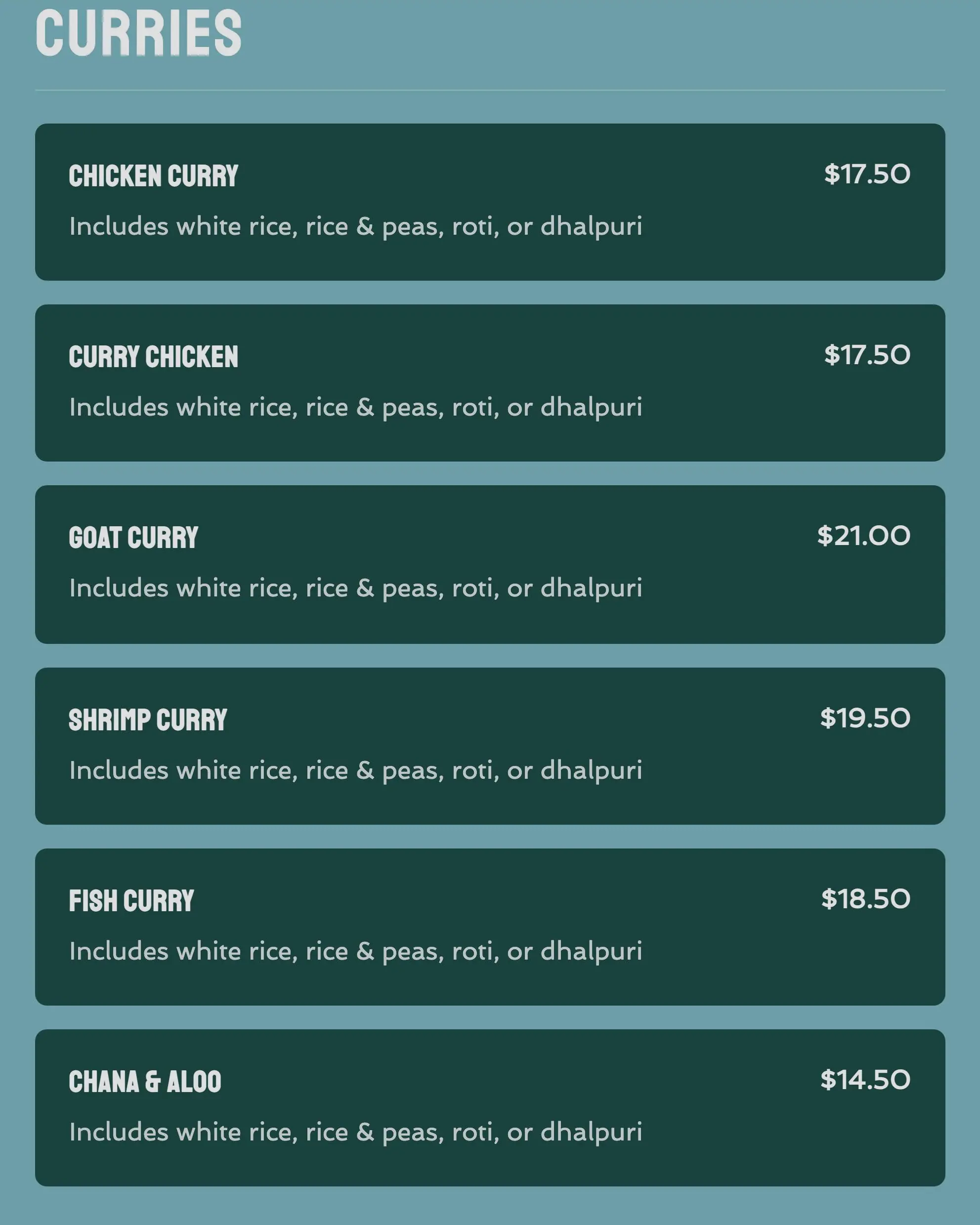 One menu section, six curries with prices and what each is served with.