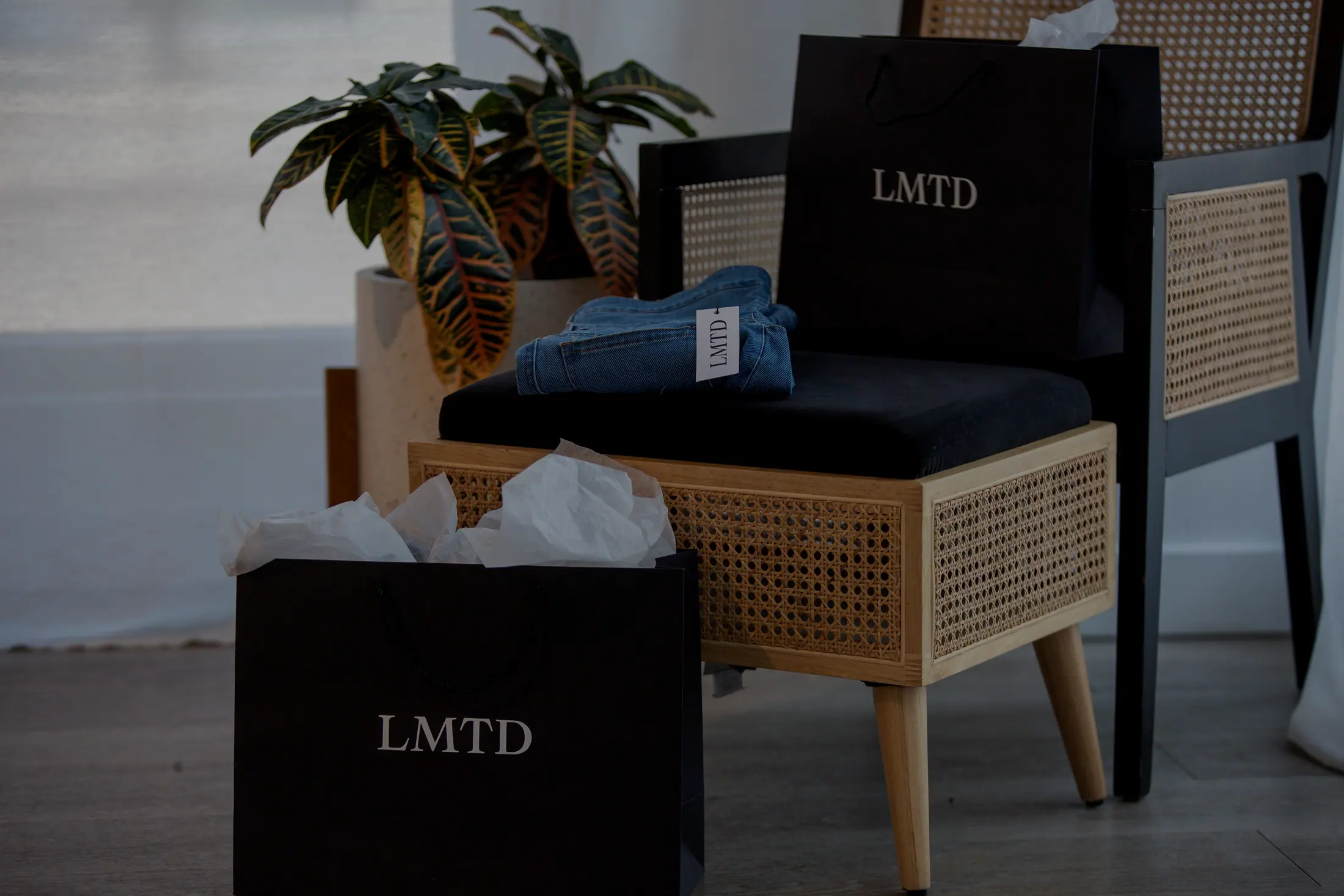A branded shopping bag and folded denim on a cane chair beside a plant.