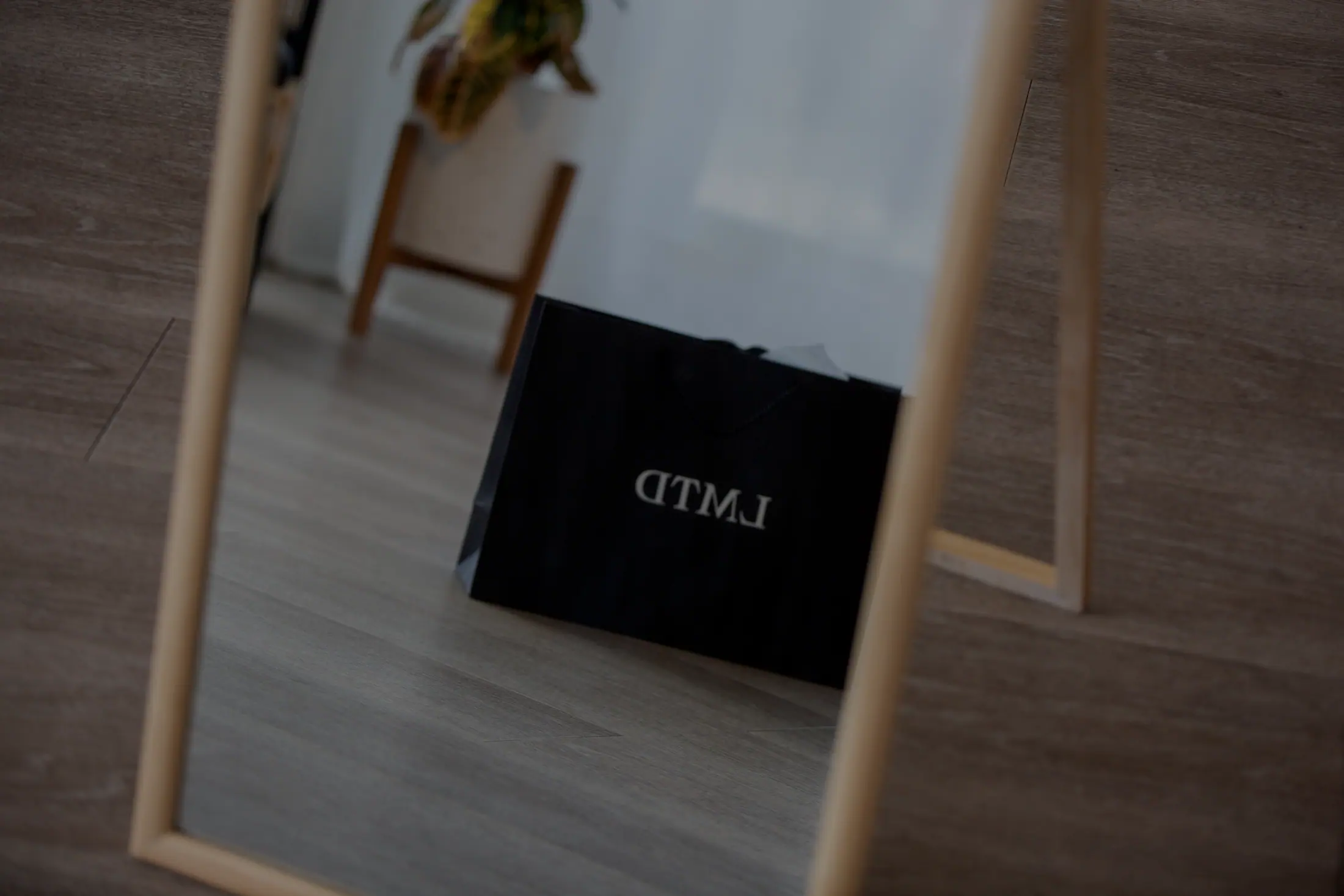 A branded shopping bag reflected in a leaning floor mirror.